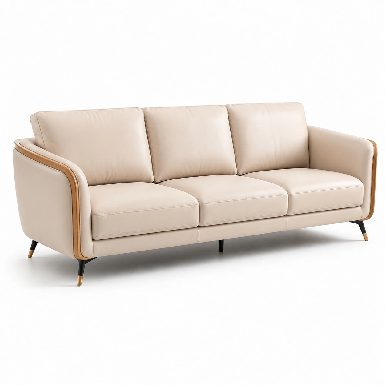 3-Sitzer Sofa Beige Leder mit Holz und Metall