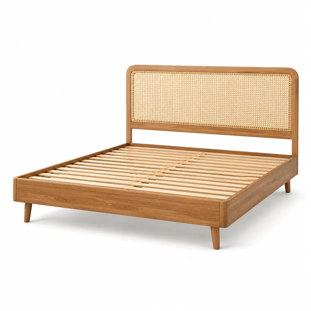 Doppelbett aus Eichenholz mit Rattan-Kopfteil 160x200cm