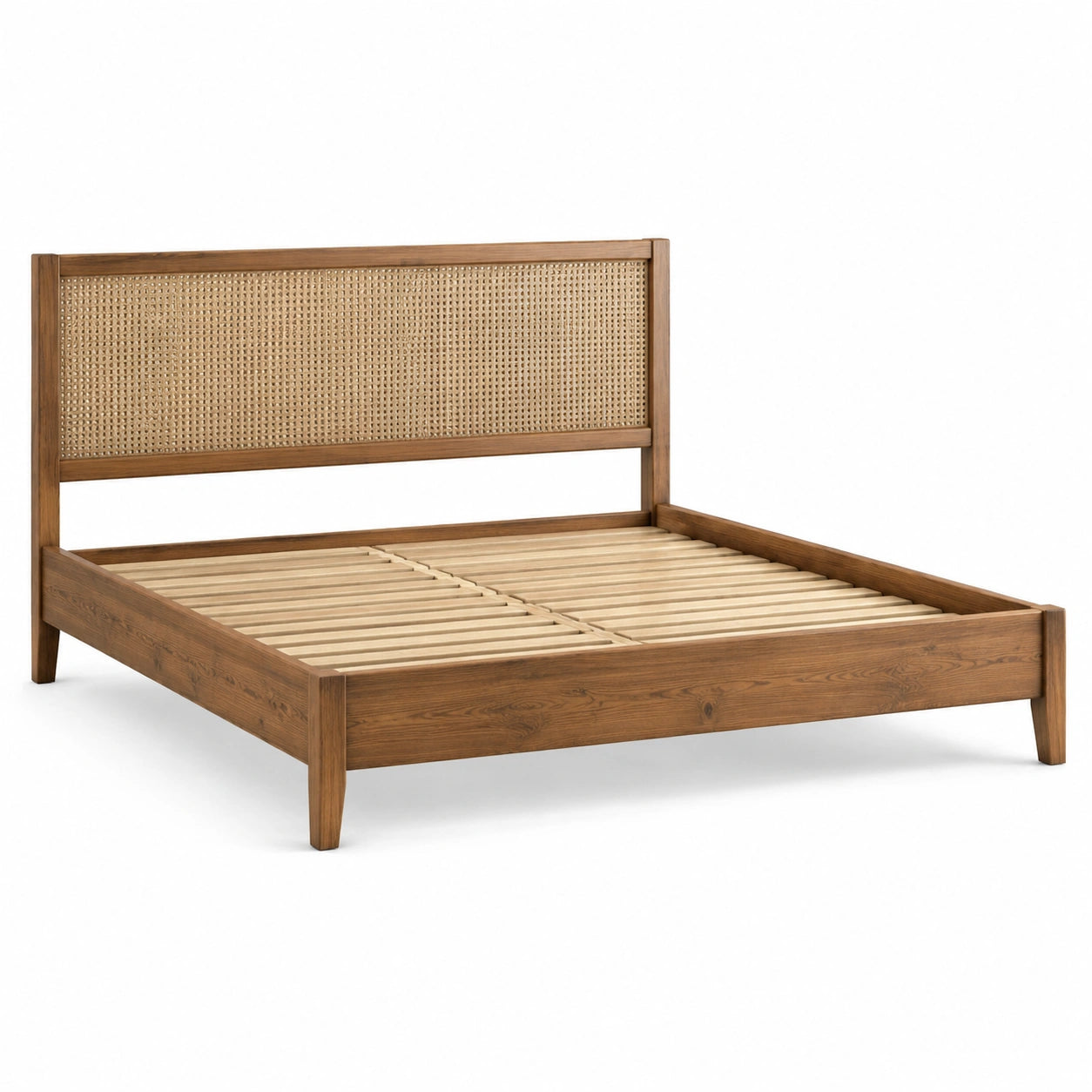 Doppelbett Massivholz mit Rattan-Kopfteil 200x180 cm