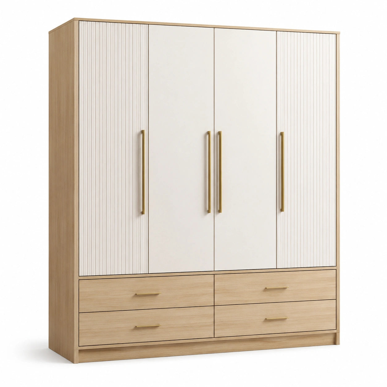 Holz-Kleiderschrank mit 4 Türen und 4 Schubladen in Eiche/Weiß
