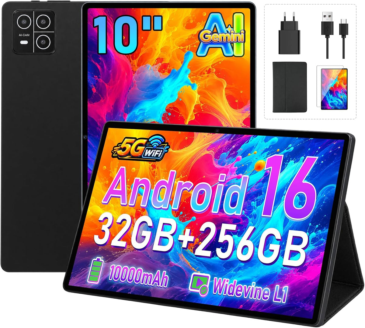 2026 Neuestes Android 16 Tablet, 10 Zoll Gemini AI, Tablet mit stoßfester Silikonhülle, 32 GB RAM + 256 GB ROM (2 TB TF), Octa-Core 2,0 GHz