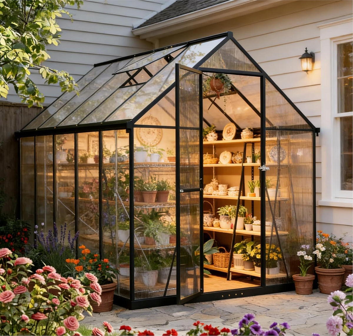 2026 Polycarbonat Gewächshaus Schwarz 281x175x195, Aluminiumrahmen Garten & Terrasse Pflanzenhaus mit Lüftungsfenster, Regenrinnen, Stabil Alle Wetter